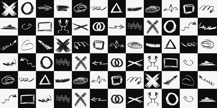 Seamless pattern with Doodle Hand Drawn elements on trendy Geometric checkboard background. Doodle brush collection. Arrow, geometry shape and underline. Vector illustration. EPS 10