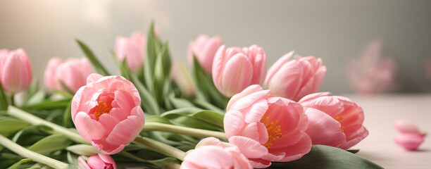 Pink tulips, spring flowers. For holiday cards, decoration. Banner, copy space