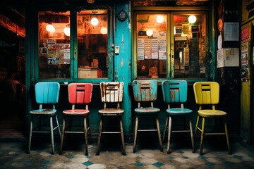 Fototapeta na wymiar Vibrant chairs neatly arranged in front of a kiosk amidst a bustling suburban slum