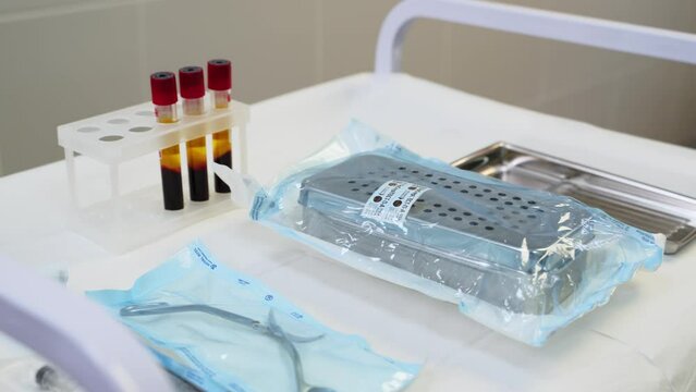 2020-01-14 - Mariupol, Ukraine. Dentamia Dental Clinic. Test tubes with blood sample. Test tubes with blood plasma for plasmolifting, PRP therapy. Blood tests for virus detection. Sterile instruments.