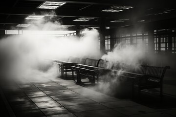 Captivating Black and White Lounge. Mysterious Smoke Envelops the Seating Area Delicately