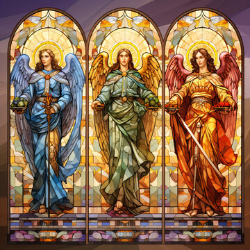 Three archangels on a simulation of a stained glass window, AI Generated