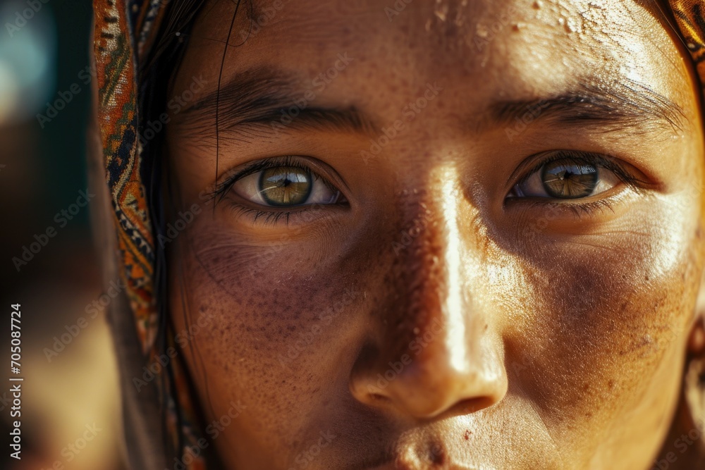 Poster a detailed view of a woman's face with beautiful freckles. this image can be used for various purpos
