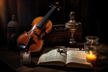 Old violin at the table with books and candles, still life