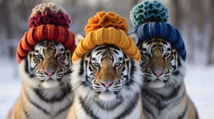 Funny portrait of three tigers in knitted hats. Funny animal prints, posters, wallpaper, wallpaper....