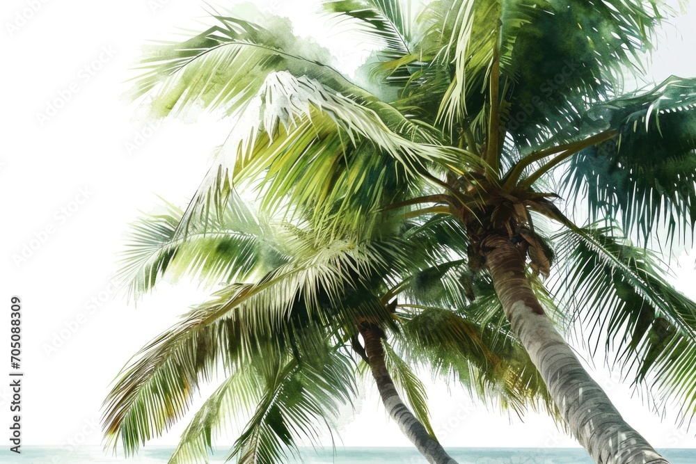Poster A painting of two palm trees on a beach. Can be used to create a tropical and relaxing atmosphere
