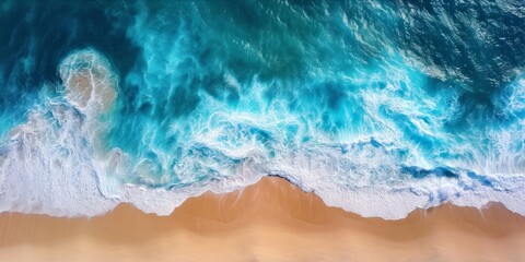 Fototapeta na wymiar Aerial view of ocean waves crashing onto a sandy shore.