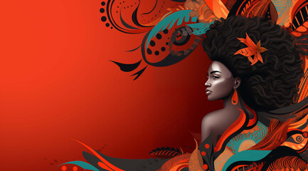 Black History Month poster, copy space. Illustration of a beautiful black woman.