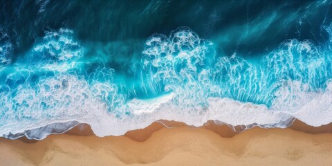 Obraz premium Aerial view of ocean waves crashing onto a sandy shore.
