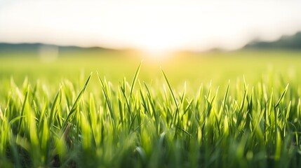Fototapeta premium Fresh grass in the field at sunrise. Spring wallpaper.