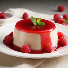 Raspberry Panna Cotta with sauce on a plate.
