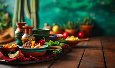 Festive Mexican culinary setup with vibrant ceramic dishes, traditional decorations, cactus, and bright colors celebrating Hispanic heritage and cuisine - obrazy, fototapety, plakaty