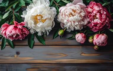 Elegant white and pink peonies spread across a wooden surface, creating a beautiful floral border with vibrant green leaves and a rustic charm