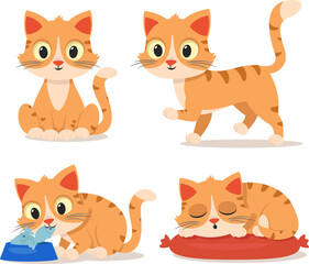 Set of cat sits, eats, walks and sleeps on a pillow on a white. Character pets