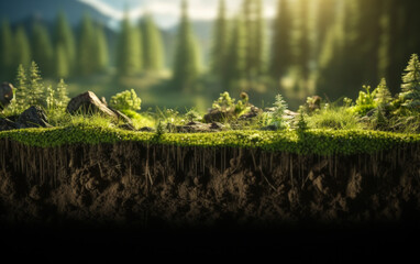 Cross-section of vibrant green grass growing on fertile soil, with a sunlit forest background, highlighting the layers of nature and ecosystems - obrazy, fototapety, plakaty