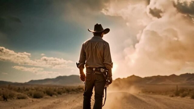 cowboy with hat and gun in the desert ready for duello