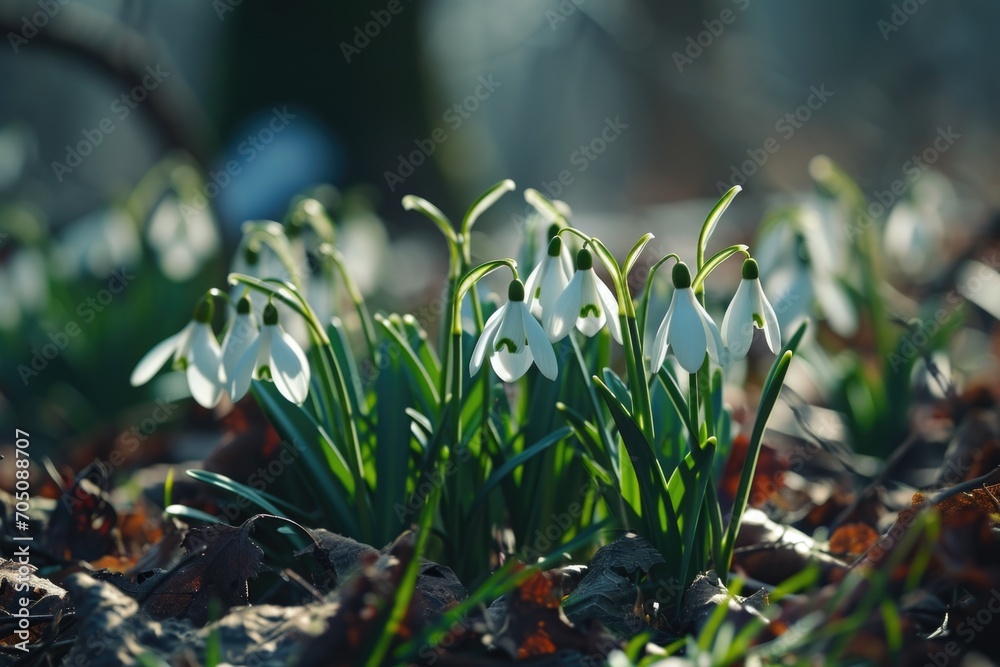 Poster snowdrops blooming in a field of fallen leaves. ideal for nature and spring-themed designs