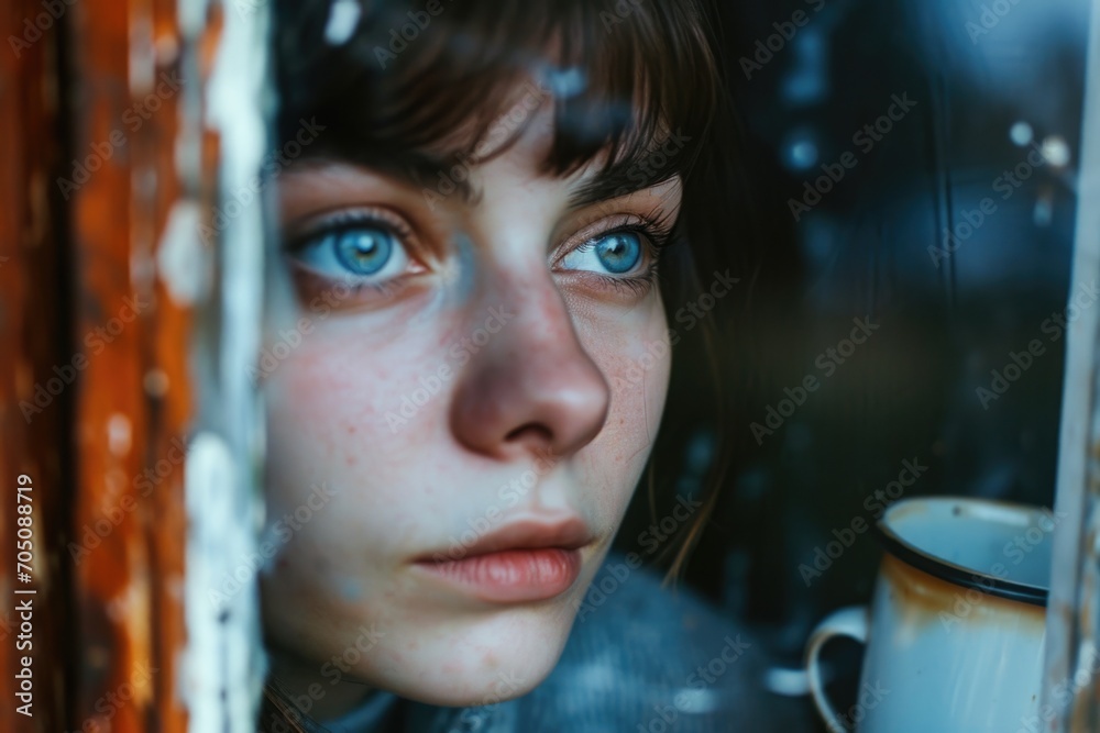 Poster a woman is seen looking out of a window while holding a cup of coffee. this image can be used to dep