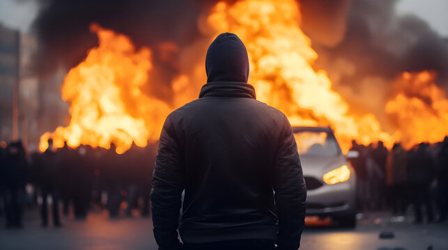 Back view of aggressive man in hood against backdrop of protests and burning cars