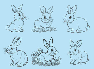 Set of easter rabbits. Easter bunnies illustration. Outlined rabbit vector set.