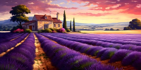 idyllic lavender field with house