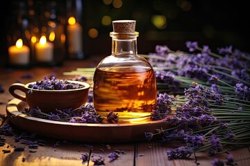 Lavender essential oil with lavender flowers on a rustic wooden background with copyspace. A glass bottle with a cork with buds infusing, Generative AI