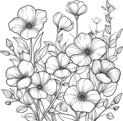 Illustrated bunch of flowers. Outlined floral drawing. Vector flowers.