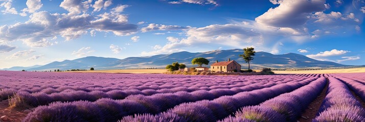 Beautiful lavender field with long purple rows, Generative AI