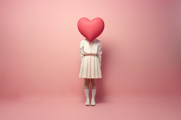 A girl stands against a pink background, head obscured by a huge heart-shaped balloon, conveying anonymity and love
