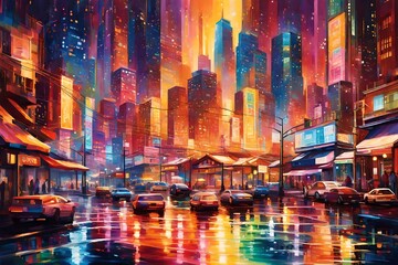 a mesmerizing cityscape featuring tall buildings, lively streets, and an array of colorful lights.

