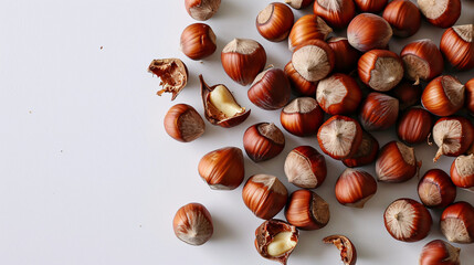 Hazelnuts on a white background. Top view, flat lay