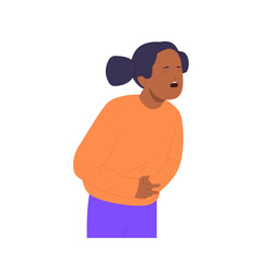 Fototapeta premium Girl child cartoon character touching stomach feeling acute abdominal pain isolated on white