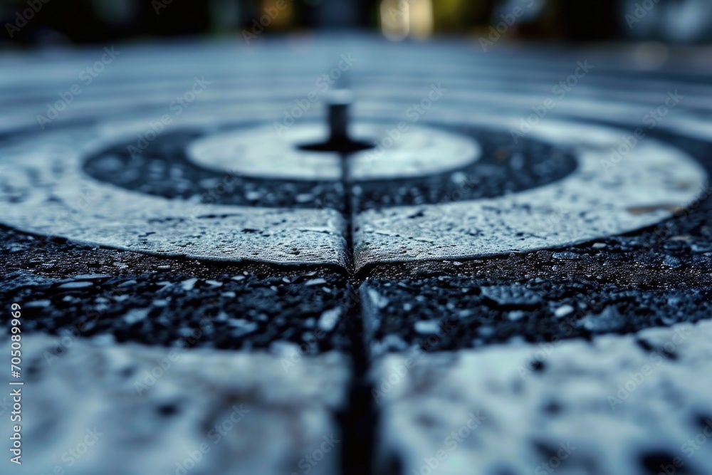 Poster A black and white picture of a target in the middle of a street. Suitable for various concepts and themes