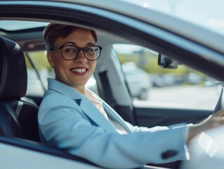 a happy stylish short-haired woman in light blue suit is driving white car. Portrait of happy female driver steering car with safety belt.