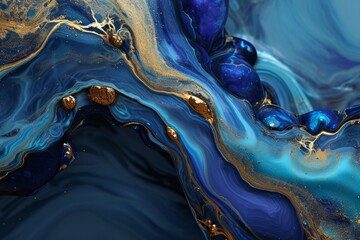 An abstract fluid art piece with swirling blue and gold patterns.