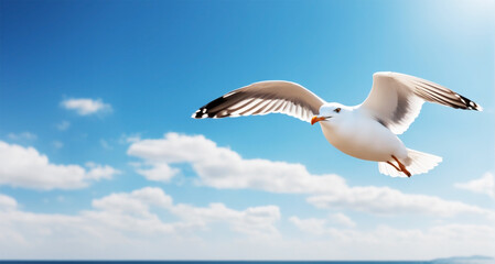 Obraz premium Seagal's Soaring Symphony: Majestic Flight in the Open Sky with Negative Space