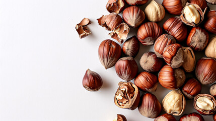 Hazelnuts on a white background. Top view, copy space