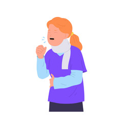 Little girl child cartoon character feeling sick and unhealthy coughing in hand vector illustration