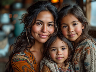 Happy Latino family with a mother and her two daughters posing with a beautiful smile. Latin American family. South American ethnic roots. Hispanic mother and child together. Bond with parent