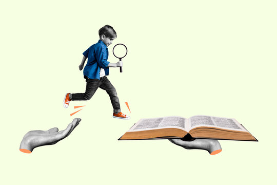 Photo collage picture banner young small schoolkid boy searching magnifying loop arm hold book story reader homework study