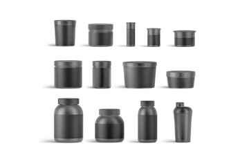 Blank black vitamin and protein can mockup, different types