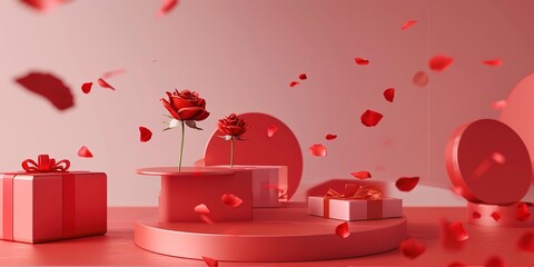 3D podium, display, background. Red, surprise, open gift box. Rose flower falling petals. Luxury cosmetic product presentation. Abstract, love, valentines day or woman's day. 3D render birthday mockup