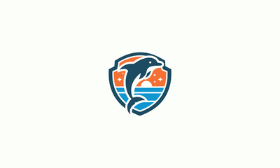 dolphin jump on sea with shield vector logo design