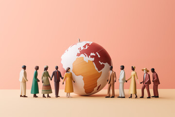 Naklejka premium Multi cultural Human figures standing in front of world globe map and looking at it, human puppet figures near the globe, world population and ethnicity concept in a minimalist copy space background