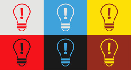 Colorful light bulb and exclamation mark icons set in 6 colors for vibrant designs, light bulb and exclamation mark Isolated on background