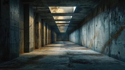 A long hallway with concrete walls and a skylight. Perfect for architectural and industrial themes