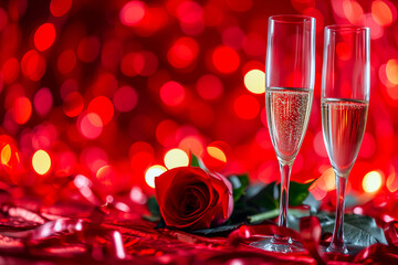 Bubbly glasses of champagne with rose to celebrate valentine's day