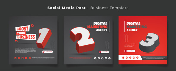 Social media post template in black red background with 3d number design for product advertisement - obrazy, fototapety, plakaty