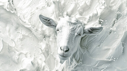 Milk splashes across the milky white poster featuring a goat with lots of details full length. Nice background