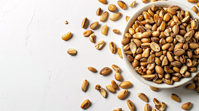 Pine nuts in bowl on white background, top view, copy space